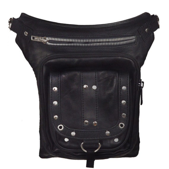 Black Carry Leather Thigh Bag with Waist Belt Stu… - image 1