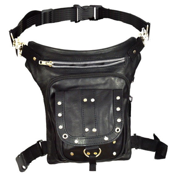 Black Carry Leather Thigh Bag with Waist Belt Stu… - image 2