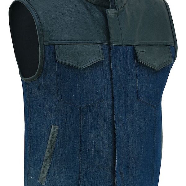 Denim Black SOA Club Vest with Leather trims