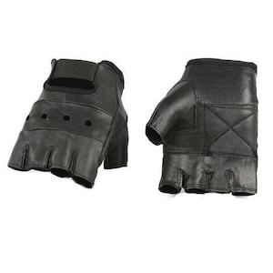 May include: A pair of black fingerless gloves made of leather. The gloves have a padded wrist area and three small holes on the back of the hand. The gloves are designed with open fingertips and a reinforced palm.