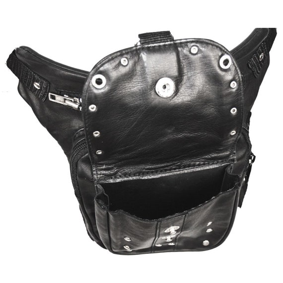 Black Carry Leather Thigh Bag with Waist Belt Stu… - image 3