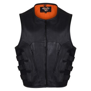 Zwart premium leren motorvest in SWAT-teamstijl