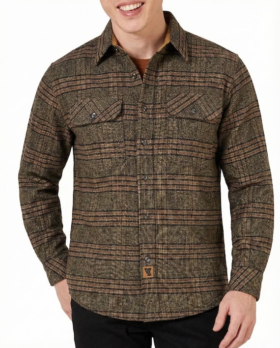 Camicia in flanella da uomo a quadri, a maniche lunghe, con