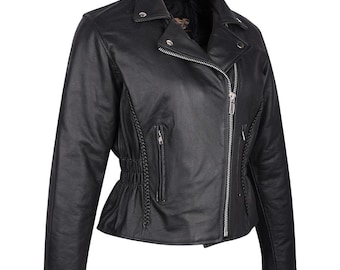 May include: Black leather motorcycle jacket with a zipper closure and braided detailing on the sides.