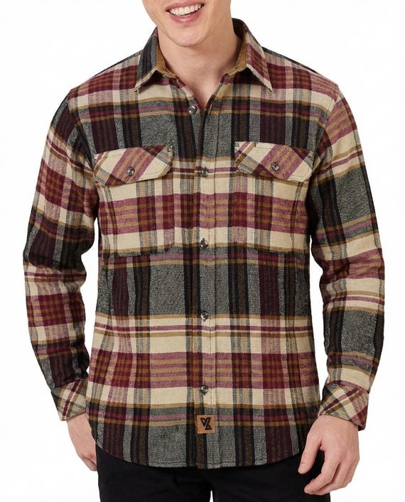 Vance Leather Men's Cedarwood Plaid Long Sleeve Plaid Button Down Casual Flannel Shirt, Corduroy Cuffs - S