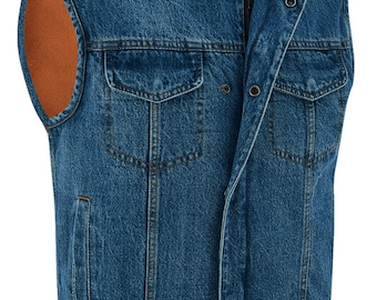 Men&#39;s Blue Denim Collarless Club Vest with Conceal Carry Pockets