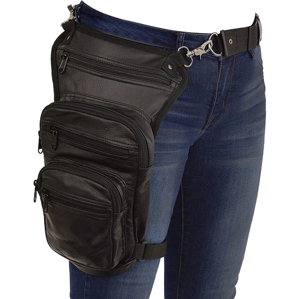 Black Carry Leather Thigh Bag with Waist Belt and Concealed Gun Pocket