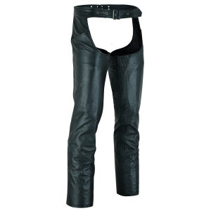May include: Black leather chaps with a belt and a fringe detail.