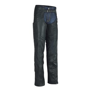 May include: Black leather motorcycle chaps with denim panels and a studded design.