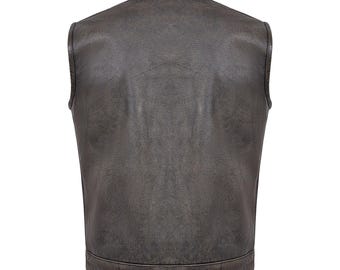 May include: A sleeveless vest crafted from dark brown leather with a visible grain texture. The garment features a high collar, a straight hemline, and clean, minimalist construction with no visible pockets or closures on the back panel.