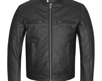 May include: A black leather motorcycle jacket with a zipper closure and multiple pockets.