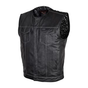 May include: Black leather vest with a round collar, two chest pockets, and a single vertical pocket. The vest has a patterned lining and visible stitching. A classic biker style.