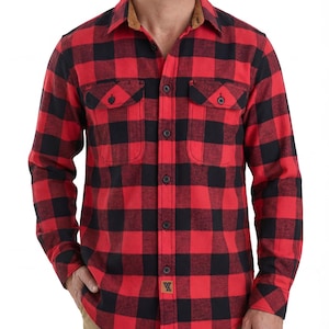 Men's Classic Red Long Sleeve Plaid Button Down Casual Flannel Shirt, Corduroy Cuffs