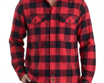 Men's Classic Red Long Sleeve Plaid Button Down Casual Flannel Shirt, Corduroy Cuffs