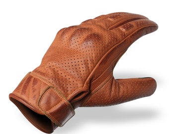 Men's Premium Waxed Austin Brown Leather Perforated Motorcycle Gloves