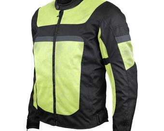 Pode incluir: Uma jaqueta de moto preta e amarela fluorescente com painéis de malha e detalhes refletivos.