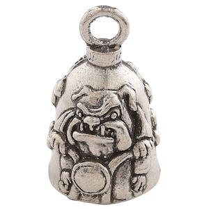 Op de afbeelding: Zilveren motorfiets stuurgong met een gedetailleerd bulldog ontwerp. De bel heeft een lus aan de bovenkant om op te hangen.