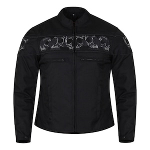 High Mileage Men&#39;s CCW Black Reflective Skulls Textile Motorcycle Jacket