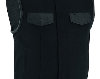 May include: Black leather motorcycle vest with a snap closure and two flap pockets. The vest has a black mesh lining and a leather collar. The label on the vest reads "Vance & Hines Leather".