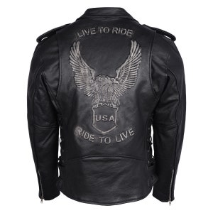 Puede incluir: Chaqueta de cuero negra para motocicleta con un águila bordada y el texto "Live to Ride" y "Ride to Live" en la espalda.