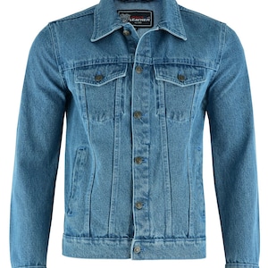 Vance Mens Light Blue Heavy Duty Denim Button Front Motorcycle Jacket, Jean Jacket for Men