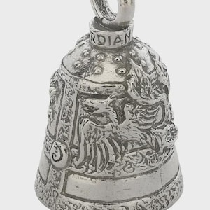 May include: Silver bell with a detailed design of a griffin, a mythical creature with the head and wings of an eagle and the body of a lion. The bell has a loop at the top for hanging and the word "Guardian" is engraved on the side.