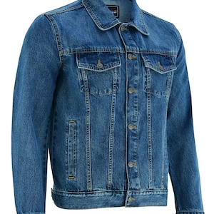 Vance Mens Blue Heavy Duty Denim Button Front Motorcycle Jacket, Jean Jacket for Men