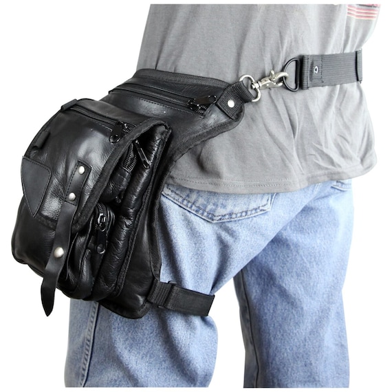 Black Carry Leather Thigh Bag With Waist Belt and Concealed Gun