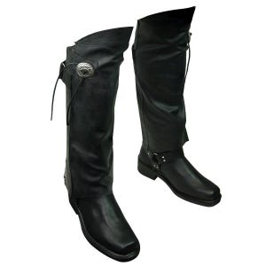 May include: A pair of black leather cowboy boots with a buckle strap and a decorative metal concho on the shaft. The boots have a pointed toe and a high heel.