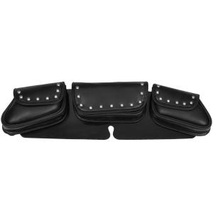 May include: Black leather motorcycle saddlebags with silver studs. The saddlebags have a center compartment and two side compartments.