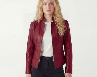 Maya Ladies Premium Soft Lightweight Burgundy Fitted Motorcycle Leather Jacket