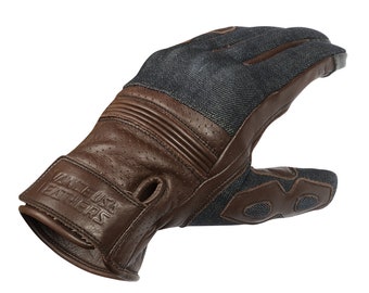 Denim & Leather Motorcycle Gloves (Brown) with Mobile Phone Touchscreen