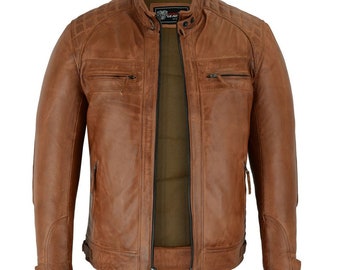 May include: A brown leather jacket with a zipper closure and a stand-up collar. The jacket has a quilted design on the shoulders and elbows.