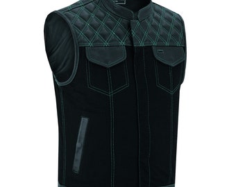 Men's Denim & Leather Motorcycle Vest with Conceal Carry Pockets and Green Stitching.