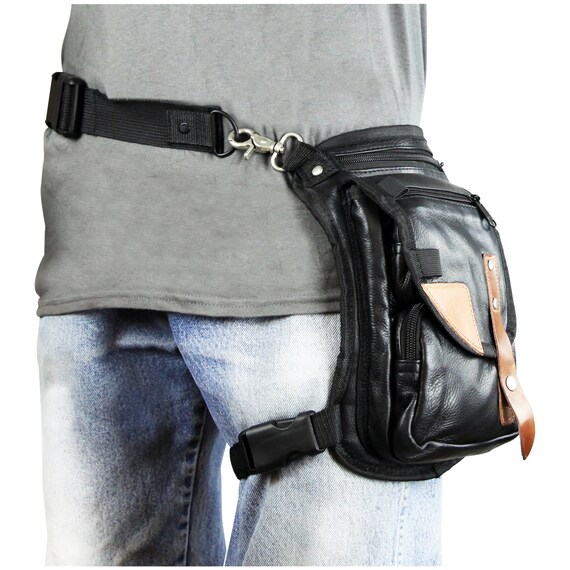 Black Carry Thigh Bag With Brown Leather Trims Concealed Gun