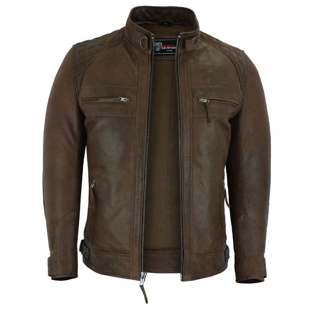 Cafe Racer Genuine Lambskin Leather Jacket-Brown