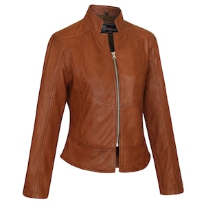 Blouson de moto en cuir marron ajusté léger haut de gamme pour femmes Maya