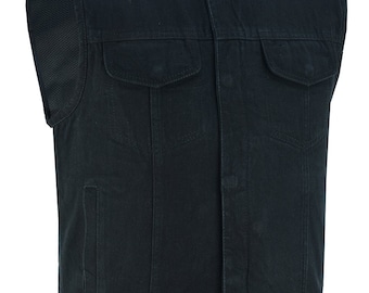 Men&#39;s Black Denim Collarless Club Vest with Conceal Carry Pockets