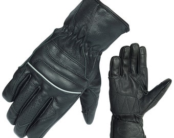 Vance VL476 Herren Schwarze Biker Leder Handschuhe mit reflektierenden Paspeln