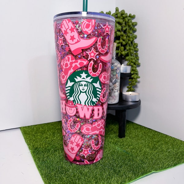 Howdy Cowgirl Snow Globe Tumbler | Cold Cups | Girly Starbucks Cup | Gift for her | Bride Gifts | Sorority Gifts | Pink Cowgirl Chic