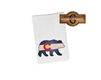 COLORADO ANIMAL FLAG Printed Tea Towel-Fun Gift-Bear-Elk-Moose-Camping-Host-Friend-Relative-Chef-Neighbor-Kitchen-Blended Flag-Spring Gift