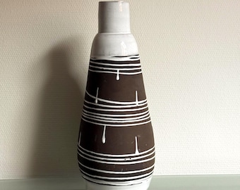 West German Pottery Vase 30 cm Brown White Graphic Decor Mid Century Ceramic Studio Vase Modernist Stripe Drip Design