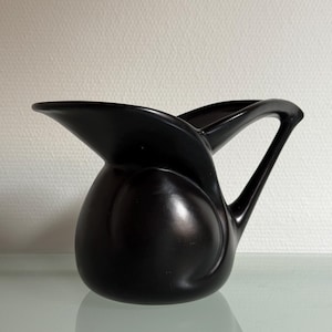 May include: A sleek, black pitcher with a curved handle and a unique, organic shape. The pitcher has a glossy finish and a spout that curves gracefully outward. The design is modern and minimalist, suitable for serving beverages or as a decorative piece.