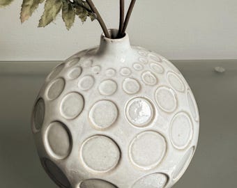 Large Vintage Studio Pottery Vase White Relief Circle Ceramic Vase Scandinavian Decor