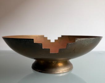 Vintage Brass Bowl Geometric Pedestal Bowl Art Deco Style Centerpiece Decorative Metal Bowl Dutch Modernist Decor