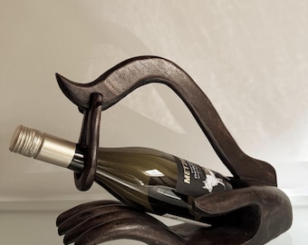 Sculptural Wooden Wine Bottle Holder Hand Carved Wenge Wood Barware Brutalist Decor