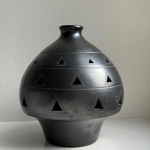 Vintage Black Ceramic Candle Holder Vase Sculptural Tribal Style Pottery Afro Modern Decor