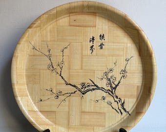 Vintage Bamboo Tray Japanese Style Blossom Design Round Decorative Tray Japandi Decor Asian Wall Plate
