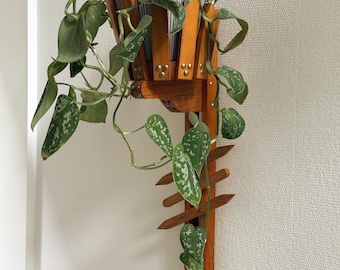 Vintage Wooden Wall Planter Handmade Plant Holder Scandinavian Studio Craft Wall Decor Brass Details