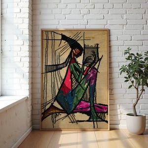Vintage Large Textile Wall Art Embroidered Tapestry Abstract Woman Harpist Mid Century Modern Fiber Art 122 cm